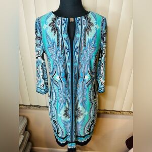 Sandra Darren Turquoise Jersey Shift Paisley Dress Size 8P